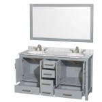 60 Inch Double Bathroom Vanity in Gray, White Carrara Marble Countertop, Oval Sinks, 58 Inch Mirror