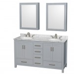 60 Inch Double Bathroom Vanity in Gray, White Carrara Marble Countertop, Oval Sinks, Medicine Cabinets