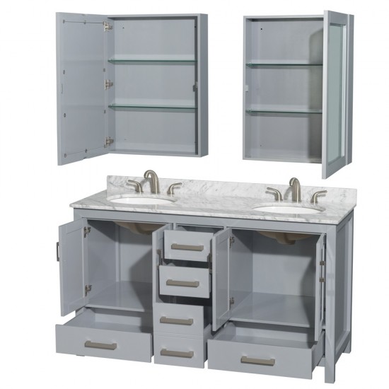 60 Inch Double Bathroom Vanity in Gray, White Carrara Marble Countertop, Oval Sinks, Medicine Cabinets