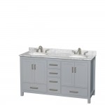 60 Inch Double Bathroom Vanity in Gray, White Carrara Marble Countertop, Oval Sinks, No Mirror