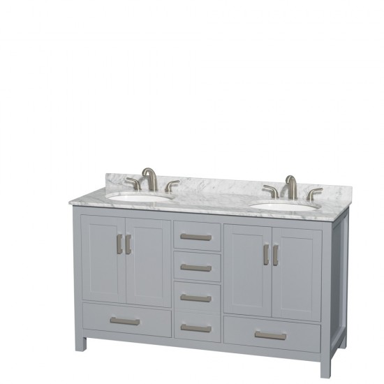 60 Inch Double Bathroom Vanity in Gray, White Carrara Marble Countertop, Oval Sinks, No Mirror