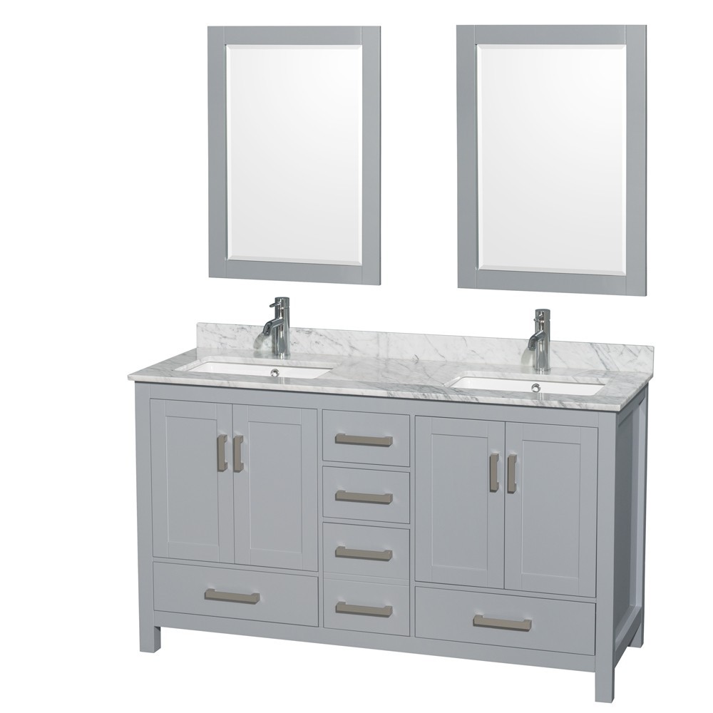 60 Inch Double Bathroom Vanity in Gray, White Carrara Marble Countertop, Sinks, 24 Inch Mirrors