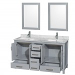 60 Inch Double Bathroom Vanity in Gray, White Carrara Marble Countertop, Sinks, 24 Inch Mirrors