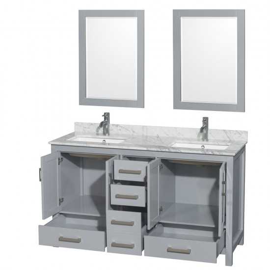 60 Inch Double Bathroom Vanity in Gray, White Carrara Marble Countertop, Sinks, 24 Inch Mirrors