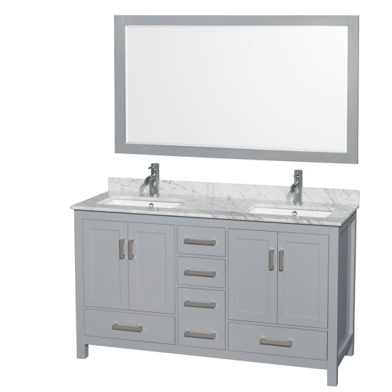 60 Inch Double Bathroom Vanity in Gray, White Carrara Marble Countertop, Sinks, 58 Inch Mirror