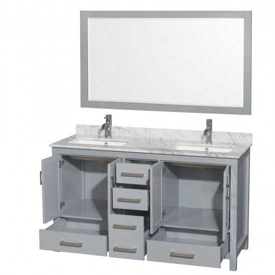 60 Inch Double Bathroom Vanity in Gray, White Carrara Marble Countertop, Sinks, 58 Inch Mirror