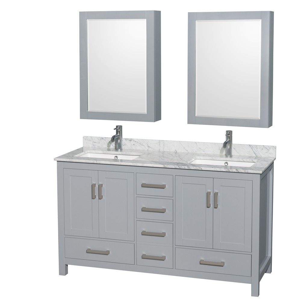 60 Inch Double Bathroom Vanity in Gray, White Carrara Marble Countertop, Sinks, Medicine Cabinets