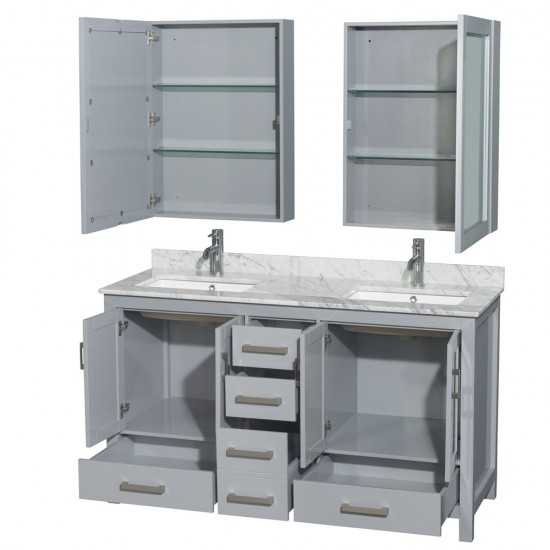 60 Inch Double Bathroom Vanity in Gray, White Carrara Marble Countertop, Sinks, Medicine Cabinets