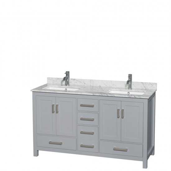 60 Inch Double Bathroom Vanity in Gray, White Carrara Marble Countertop, Sinks, No Mirror