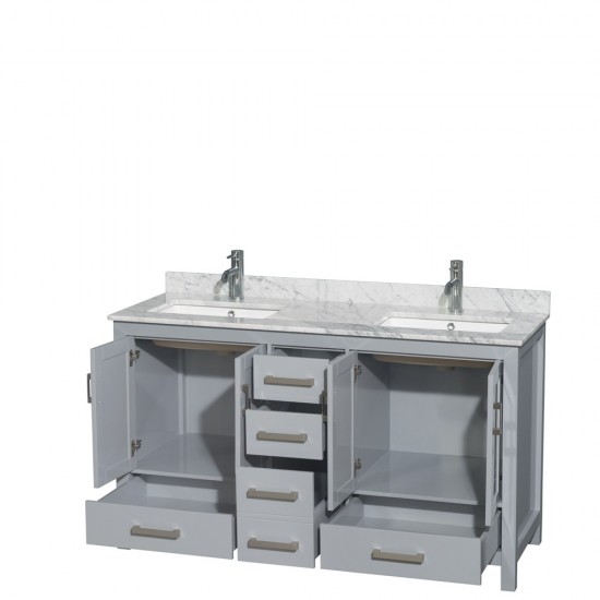 60 Inch Double Bathroom Vanity in Gray, White Carrara Marble Countertop, Sinks, No Mirror