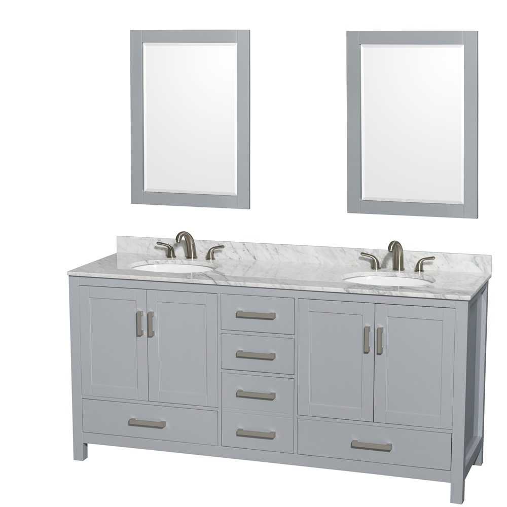 72 Inch Double Bathroom Vanity in Gray, White Carrara Marble Countertop, Oval Sinks, 24 Inch Mirrors