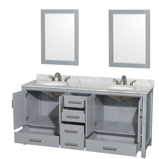 72 Inch Double Bathroom Vanity in Gray, White Carrara Marble Countertop, Oval Sinks, 24 Inch Mirrors
