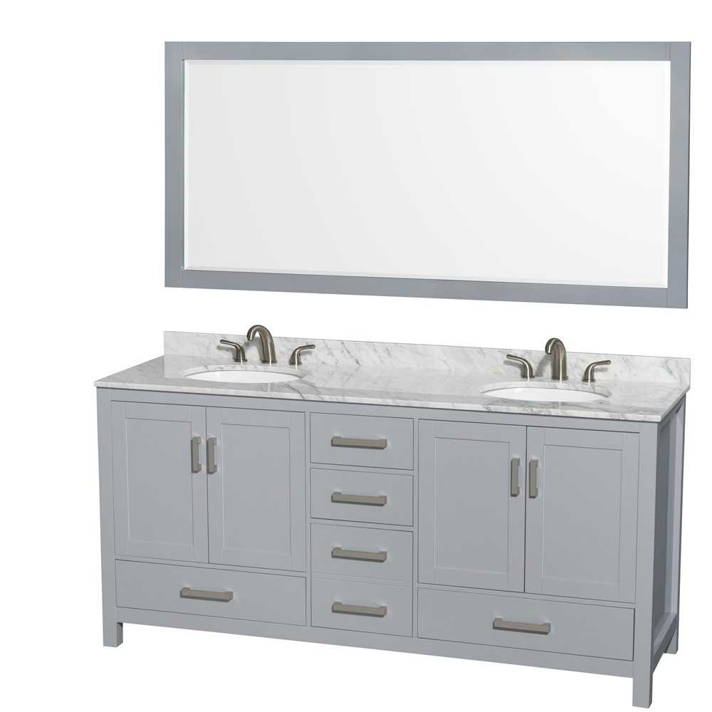 72 Inch Double Bathroom Vanity in Gray, White Carrara Marble Countertop, Oval Sinks, 70 Inch Mirror