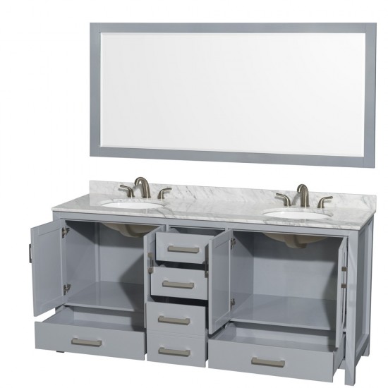 72 Inch Double Bathroom Vanity in Gray, White Carrara Marble Countertop, Oval Sinks, 70 Inch Mirror