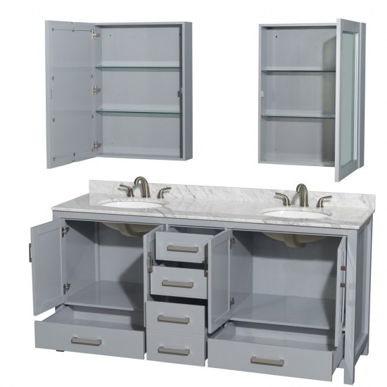 72 Inch Double Bathroom Vanity in Gray, White Carrara Marble Countertop, Oval Sinks, Medicine Cabinets