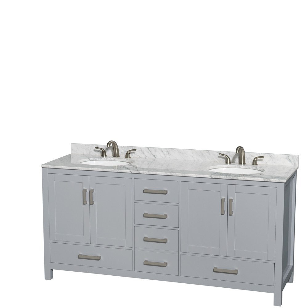 72 Inch Double Bathroom Vanity in Gray, White Carrara Marble Countertop, Oval Sinks, No Mirror