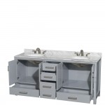 72 Inch Double Bathroom Vanity in Gray, White Carrara Marble Countertop, Oval Sinks, No Mirror