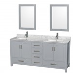 72 Inch Double Bathroom Vanity in Gray, White Carrara Marble Countertop, Sinks, 24 Inch Mirrors