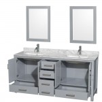 72 Inch Double Bathroom Vanity in Gray, White Carrara Marble Countertop, Sinks, 24 Inch Mirrors