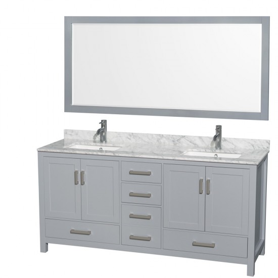 72 Inch Double Bathroom Vanity in Gray, White Carrara Marble Countertop, Sinks, 70 Inch Mirror