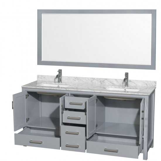 72 Inch Double Bathroom Vanity in Gray, White Carrara Marble Countertop, Sinks, 70 Inch Mirror