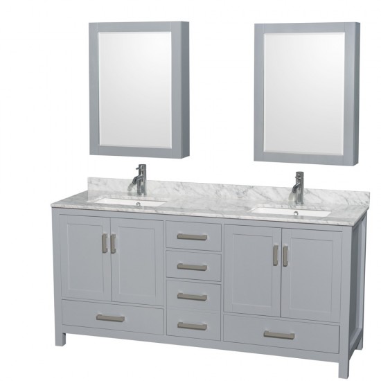 72 Inch Double Bathroom Vanity in Gray, White Carrara Marble Countertop, Sinks, Medicine Cabinets