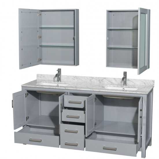 72 Inch Double Bathroom Vanity in Gray, White Carrara Marble Countertop, Sinks, Medicine Cabinets