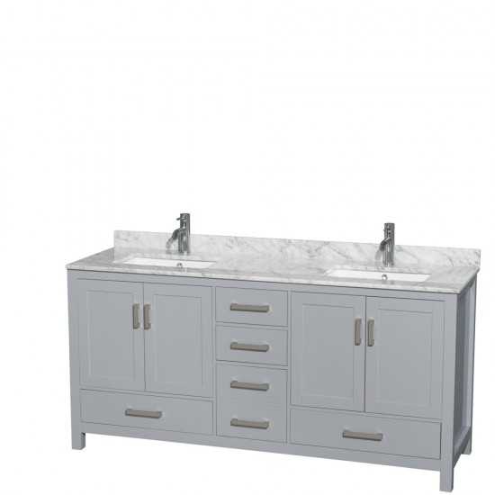 72 Inch Double Bathroom Vanity in Gray, White Carrara Marble Countertop, Sinks, No Mirror