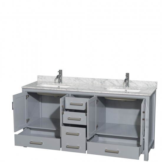 72 Inch Double Bathroom Vanity in Gray, White Carrara Marble Countertop, Sinks, No Mirror