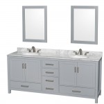 80 Inch Double Bathroom Vanity in Gray, White Carrara Marble Countertop, Oval Sinks, 24 Inch Mirrors