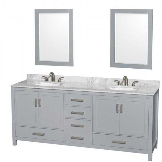 80 Inch Double Bathroom Vanity in Gray, White Carrara Marble Countertop, Oval Sinks, 24 Inch Mirrors