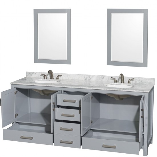 80 Inch Double Bathroom Vanity in Gray, White Carrara Marble Countertop, Oval Sinks, 24 Inch Mirrors