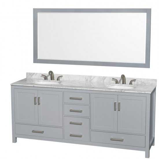 80 Inch Double Bathroom Vanity in Gray, White Carrara Marble Countertop, Oval Sinks, 70 Inch Mirror