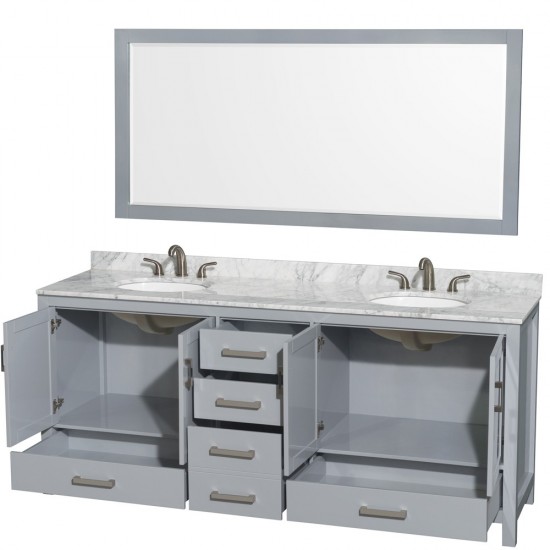 80 Inch Double Bathroom Vanity in Gray, White Carrara Marble Countertop, Oval Sinks, 70 Inch Mirror