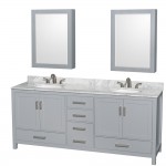 80 Inch Double Bathroom Vanity in Gray, White Carrara Marble Countertop, Oval Sinks, Medicine Cabinets