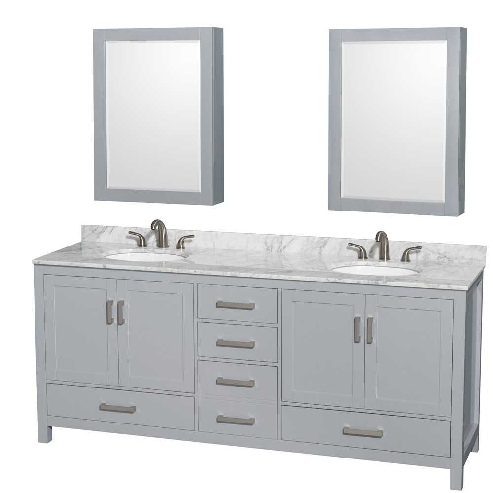 80 Inch Double Bathroom Vanity in Gray, White Carrara Marble Countertop, Oval Sinks, Medicine Cabinets