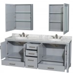 80 Inch Double Bathroom Vanity in Gray, White Carrara Marble Countertop, Oval Sinks, Medicine Cabinets