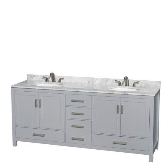 80 Inch Double Bathroom Vanity in Gray, White Carrara Marble Countertop, Oval Sinks, No Mirror