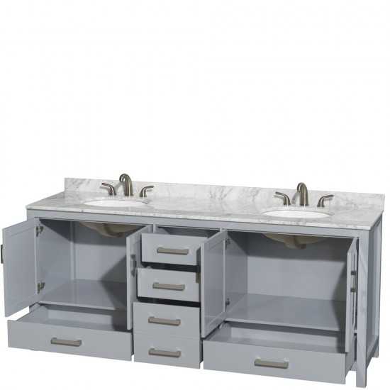 80 Inch Double Bathroom Vanity in Gray, White Carrara Marble Countertop, Oval Sinks, No Mirror