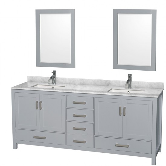 80 Inch Double Bathroom Vanity in Gray, White Carrara Marble Countertop, Sinks, 24 Inch Mirrors