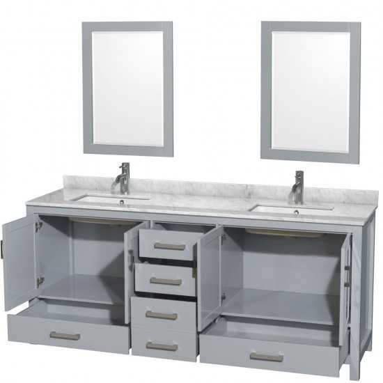 80 Inch Double Bathroom Vanity in Gray, White Carrara Marble Countertop, Sinks, 24 Inch Mirrors