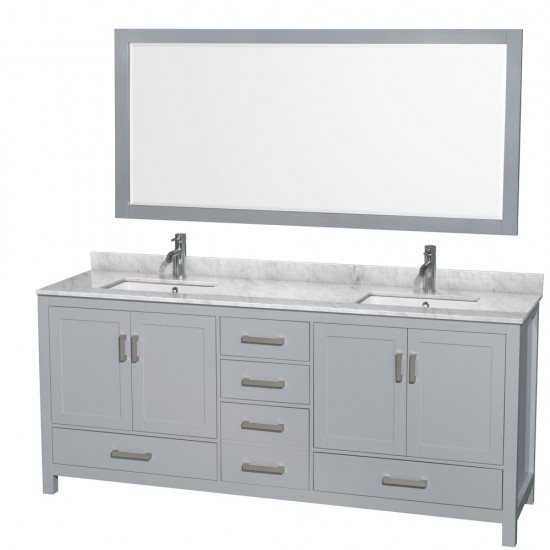 80 Inch Double Bathroom Vanity in Gray, White Carrara Marble Countertop, Sinks, 70 Inch Mirror