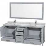 80 Inch Double Bathroom Vanity in Gray, White Carrara Marble Countertop, Sinks, 70 Inch Mirror