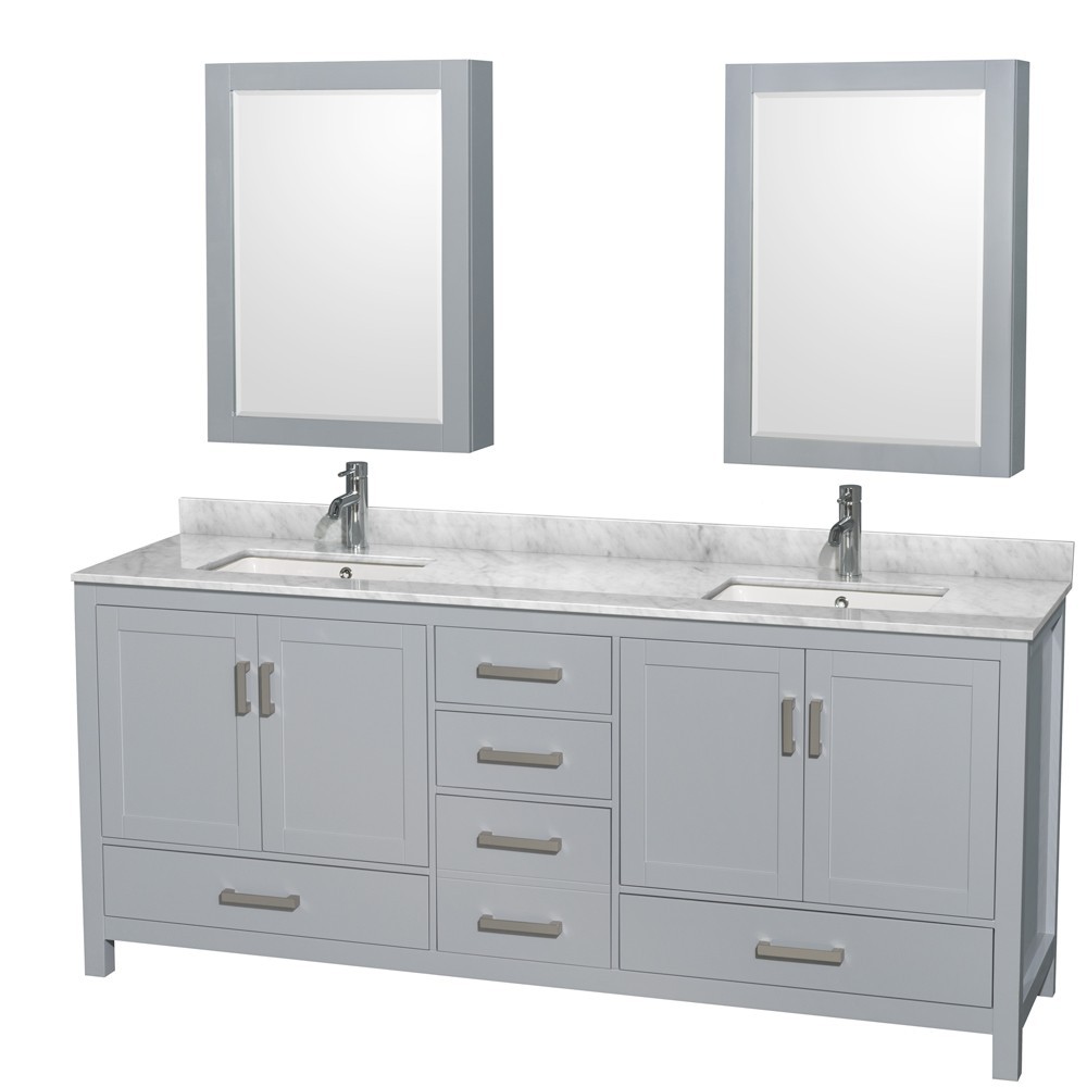 80 Inch Double Bathroom Vanity in Gray, White Carrara Marble Countertop, Sinks, Medicine Cabinets