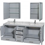 80 Inch Double Bathroom Vanity in Gray, White Carrara Marble Countertop, Sinks, Medicine Cabinets