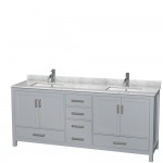 80 Inch Double Bathroom Vanity in Gray, White Carrara Marble Countertop, Sinks, No Mirror