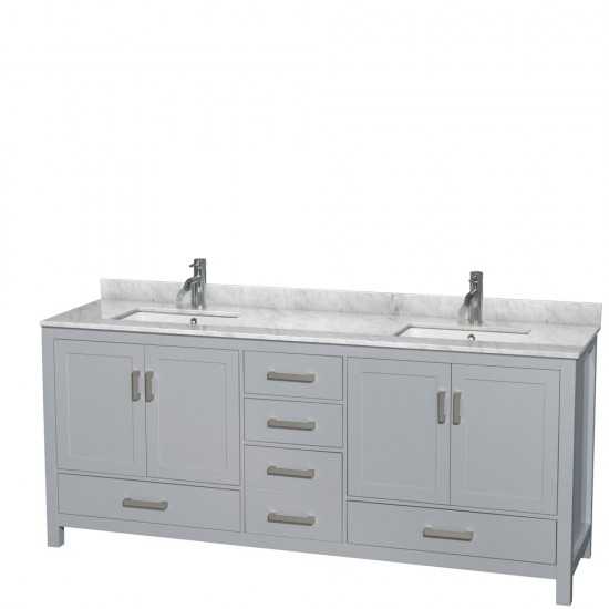 80 Inch Double Bathroom Vanity in Gray, White Carrara Marble Countertop, Sinks, No Mirror