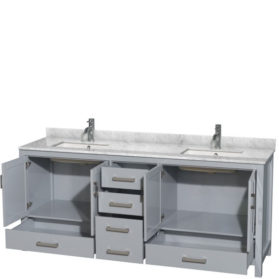 80 Inch Double Bathroom Vanity in Gray, White Carrara Marble Countertop, Sinks, No Mirror