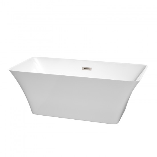 59 Inch Freestanding Bathtub in White, Brushed Nickel Drain and Overflow Trim