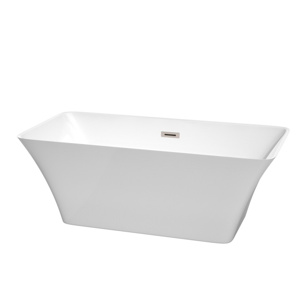 59 Inch Freestanding Bathtub in White, Brushed Nickel Drain and Overflow Trim 59 Inch Freestanding Bathtub in White, Brushed Nickel Drain and Overflow Trim
